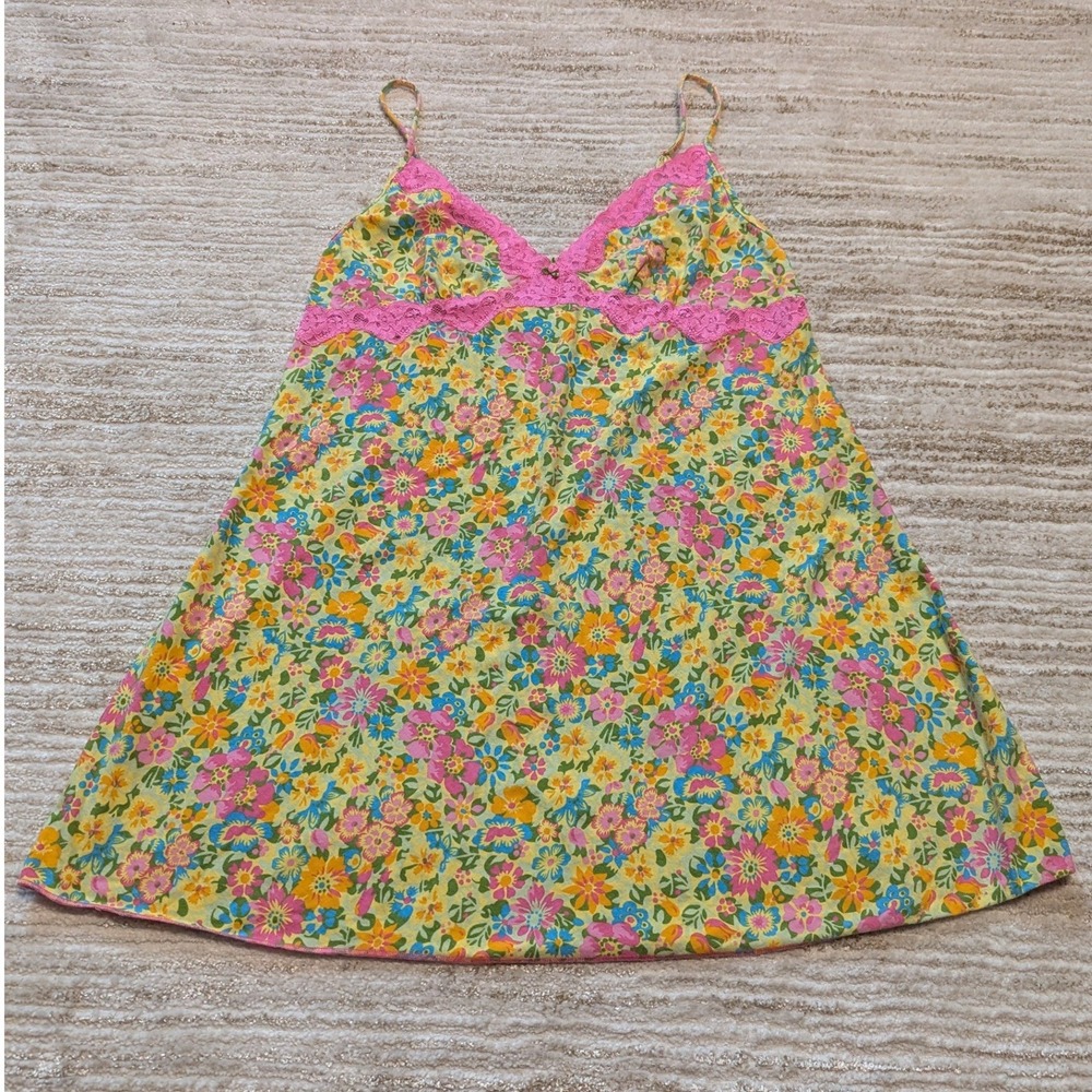 Betsey Johnson Chemise Slip Dress Sz L Floral Pink Lace Trim Babydolll Y2K Retro